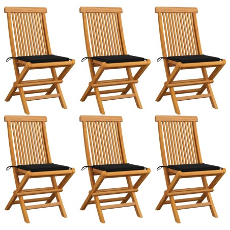 Gartenstühle mit Schwarzen Kissen 6 Stk. Massivholz Teak