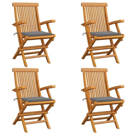 Gartenstühle mit Grauen Kissen 4 Stk. Teak Massivholz