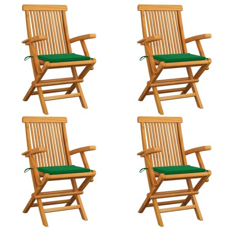 Gartenstühle mit Grünen Kissen 4 Stk. Teak Massivholz