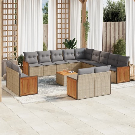 vidaXL 14-tlg. Garten-Sofagarnitur mit Kissen Beige Poly Rattan