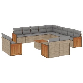 vidaXL 14-tlg. Garten-Sofagarnitur mit Kissen Beige Poly Rattan