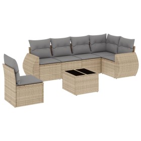 vidaXL 7-tlg. Garten-Sofagarnitur mit Kissen Beige Poly Rattan