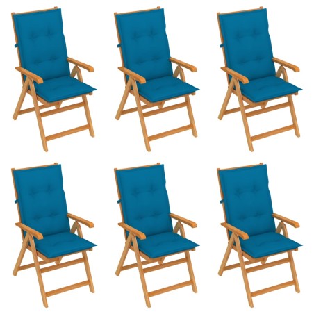 Gartenstühle 6 Stk. mit Blauen Kissen Massivholz Teak