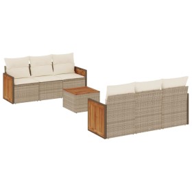 vidaXL 7-tlg. Garten-Sofagarnitur mit Kissen Beige Poly Rattan