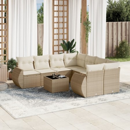 vidaXL 9-tlg. Garten-Sofagarnitur mit Kissen Beige Poly Rattan