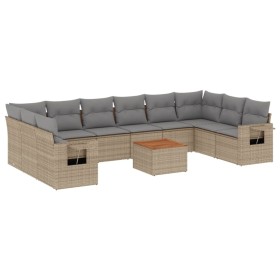 vidaXL 11-tlg. Garten-Sofagarnitur mit Kissen Beige Poly Rattan