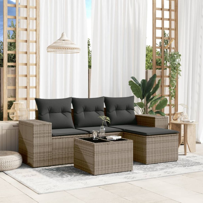 vidaXL 5-tlg. Garten-Sofagarnitur mit Kissen Grau Poly Rattan vidaXL 5-tlg. Garten-Sofagarnitur mit Kissen Grau Poly Rattan