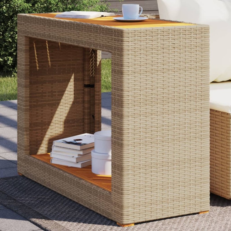 vidaXL Garten-Beistelltisch mit Holzplatte Beige Poly Rattan vidaXL Garten-Beistelltisch mit Holzplatte Beige Poly Rattan