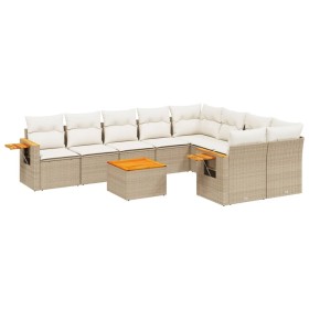 vidaXL 10-tlg. Garten-Sofagarnitur mit Kissen Beige Poly Rattan