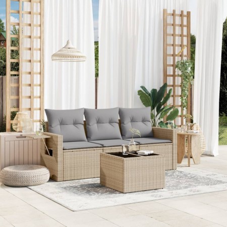 vidaXL 4-tlg. Garten-Sofagarnitur mit Kissen Beige Poly Rattan