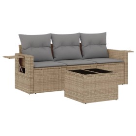 vidaXL 4-tlg. Garten-Sofagarnitur mit Kissen Beige Poly Rattan