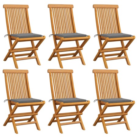 Gartenstühle mit Grauen Kissen 6 Stk. Massivholz Teak