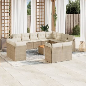 vidaXL 13-tlg. Garten-Sofagarnitur mit Kissen Beige Poly Rattan