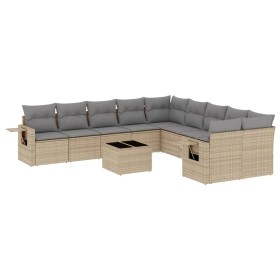 vidaXL 11-tlg. Garten-Sofagarnitur mit Kissen Beige Poly Rattan