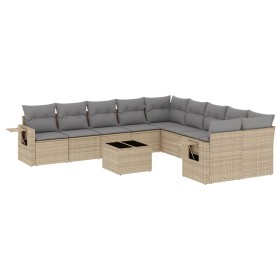 vidaXL 11-tlg. Garten-Sofagarnitur mit Kissen Beige Poly Rattan