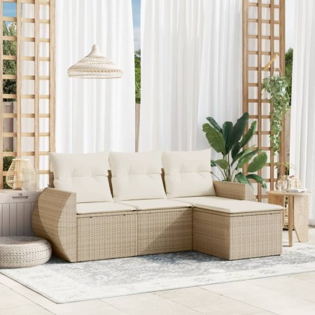 vidaXL 4-tlg. Garten-Sofagarnitur mit Kissen Beige Poly Rattan