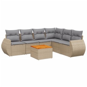vidaXL 7-tlg. Garten-Sofagarnitur mit Kissen Beige Poly Rattan