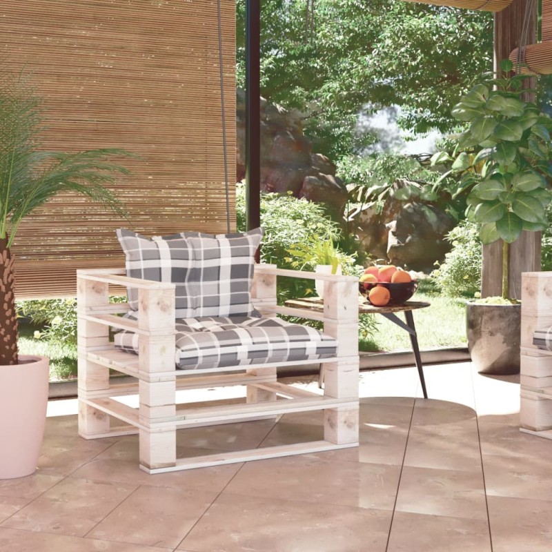 vidaXL Garten-Palettensofa mit Kissen Grau Karomuster Kiefernholz vidaXL Garten-Palettensofa mit Kissen Grau Karomuster Kiefernholz