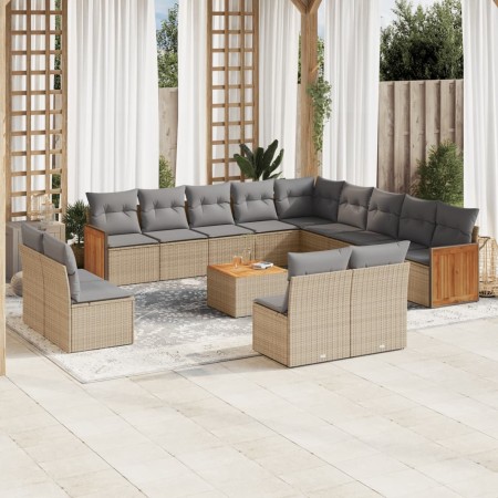 vidaXL 14-tlg. Garten-Sofagarnitur mit Kissen Beige Poly Rattan
