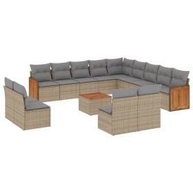 vidaXL 14-tlg. Garten-Sofagarnitur mit Kissen Beige Poly Rattan