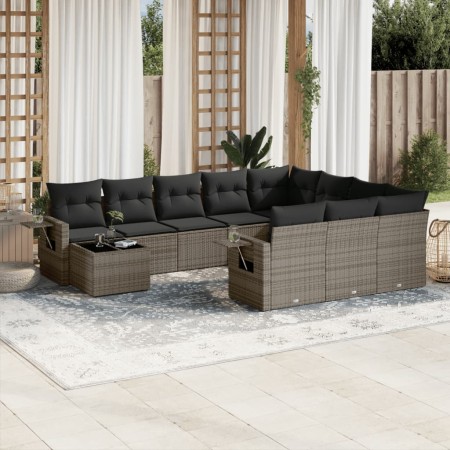 vidaXL 11-tlg. Garten-Sofagarnitur mit Kissen Grau Poly Rattan