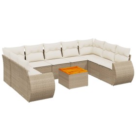 vidaXL 10-tlg. Garten-Sofagarnitur mit Kissen Beige Poly Rattan