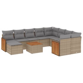 vidaXL 11-tlg. Garten-Sofagarnitur mit Kissen Beige Poly Rattan