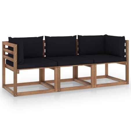 Garten-Palettensofa 3-Sitzer mit Kissen in Schwarz Kiefernholz