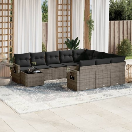 vidaXL 11-tlg. Garten-Sofagarnitur mit Kissen Grau Poly Rattan