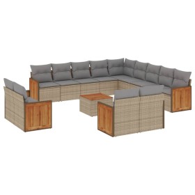 vidaXL 14-tlg. Garten-Sofagarnitur mit Kissen Beige Poly Rattan