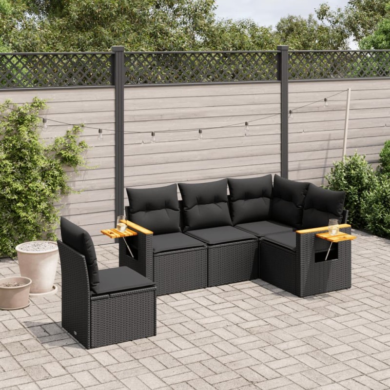 vidaXL 5-tlg. Garten-Sofagarnitur mit Kissen Schwarz Poly Rattan vidaXL 5-tlg. Garten-Sofagarnitur mit Kissen Schwarz Poly Rattan