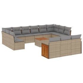 vidaXL 14-tlg. Garten-Sofagarnitur mit Kissen Beige Poly Rattan