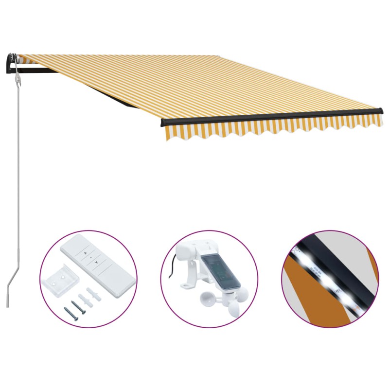 vidaXL Einziehbare Markise mit Windsensor & LED 300x250cm Gelb Weiß vidaXL Einziehbare Markise mit Windsensor & LED 300x250cm Gelb Weiß