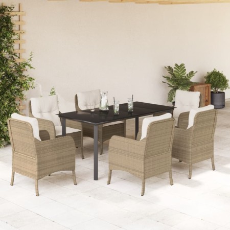 vidaXL 7-tlg. Garten-Essgruppe mit Kissen Beige Poly Rattan