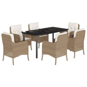 vidaXL 7-tlg. Garten-Essgruppe mit Kissen Beige Poly Rattan