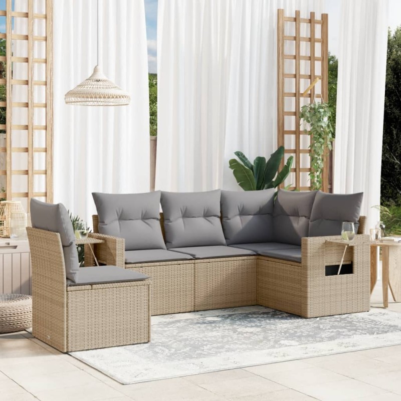 vidaXL 5-tlg. Garten-Sofagarnitur mit Kissen Beige Poly Rattan vidaXL 5-tlg. Garten-Sofagarnitur mit Kissen Beige Poly Rattan