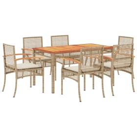 vidaXL 7-tlg. Garten-Essgruppe mit Kissen Beige Poly Rattan