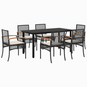 vidaXL 7-tlg. Garten-Essgruppe mit Kissen Schwarz Poly Rattan