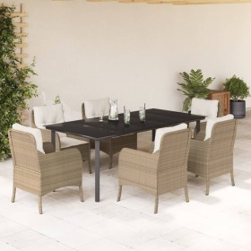 vidaXL 7-tlg. Garten-Essgruppe mit Kissen Beige Poly Rattan