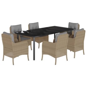 vidaXL 7-tlg. Garten-Essgruppe mit Kissen Beige Poly Rattan