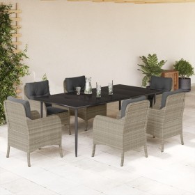 vidaXL 7-tlg. Garten-Essgruppe mit Kissen Hellgrau Poly Rattan