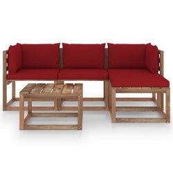 vidaXL 5-tlg. Garten-Lounge-Set mit Weinroten Kissen