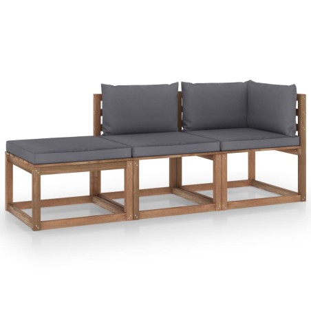 3-tlg. Garten-Lounge-Set aus Paletten mit Kissen Kiefernholz