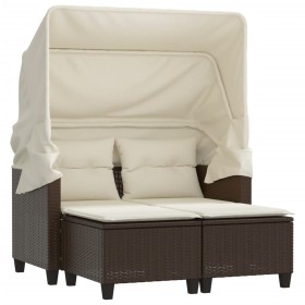 vidaXL Gartensofa 2-Sitzer mit Dach und Hockern Braun Poly Rattan