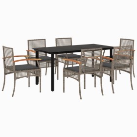 vidaXL 7-tlg. Garten-Essgruppe mit Kissen Grau Poly Rattan