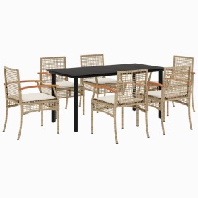 vidaXL 7-tlg. Garten-Essgruppe mit Kissen Beige Poly Rattan