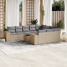 vidaXL 11-tlg. Garten-Sofagarnitur mit Kissen Beige Poly Rattan
