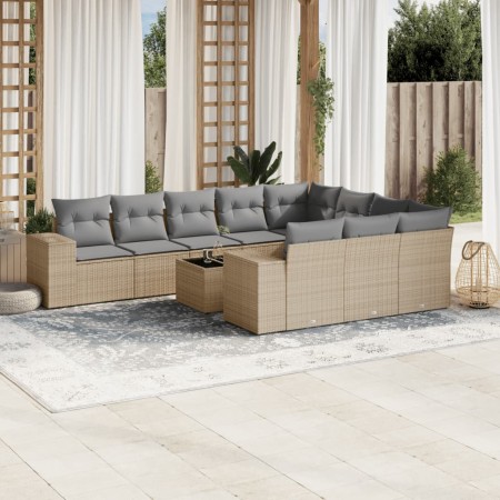 vidaXL 11-tlg. Garten-Sofagarnitur mit Kissen Beige Poly Rattan
