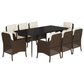 vidaXL 9-tlg. Garten-Essgruppe mit Kissen Braun Poly Rattan