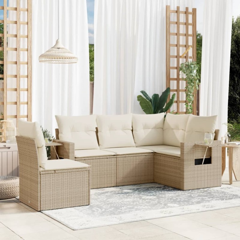 vidaXL 5-tlg. Garten-Sofagarnitur mit Kissen Beige Poly Rattan vidaXL 5-tlg. Garten-Sofagarnitur mit Kissen Beige Poly Rattan